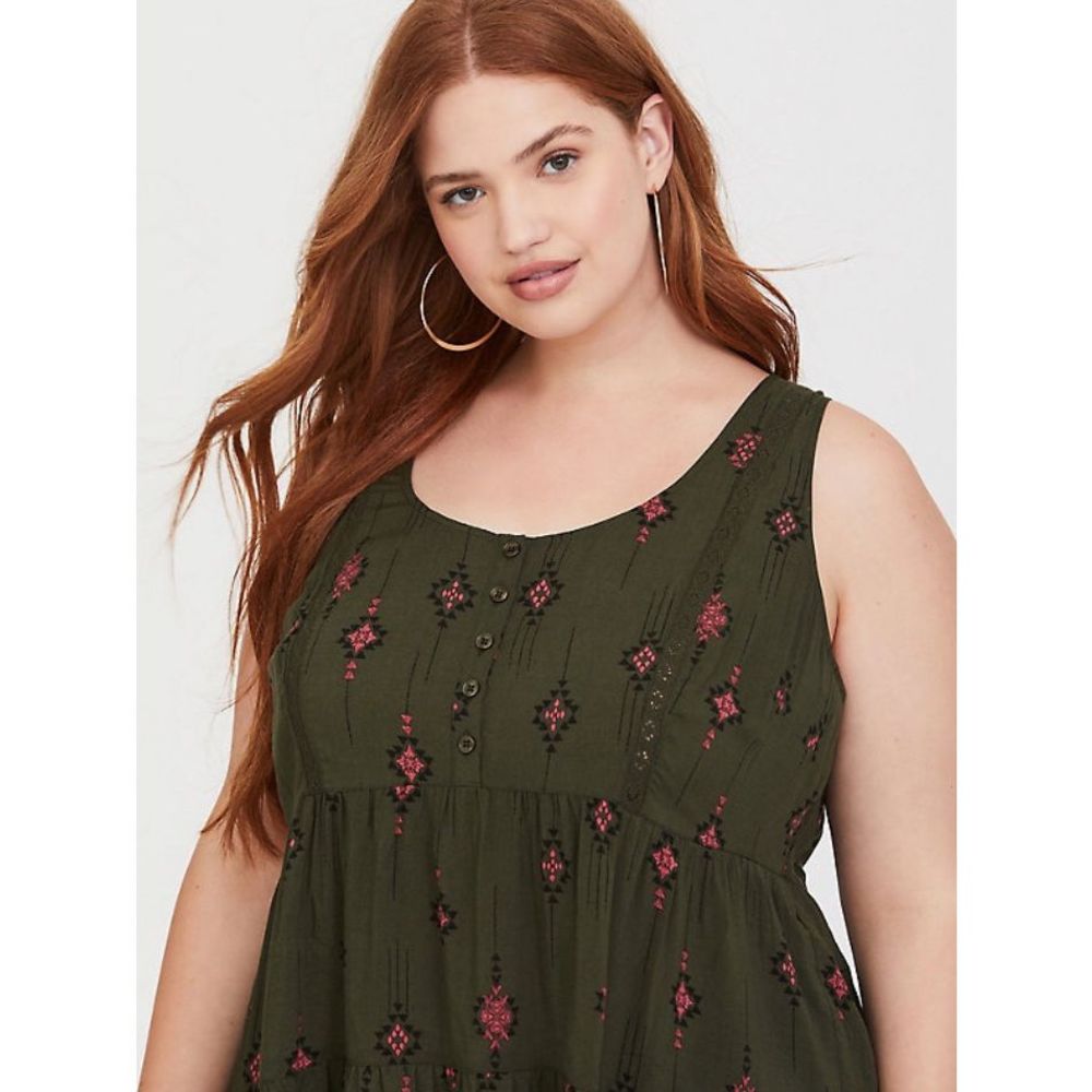 Torrid Olive Green Top with Pink Accents